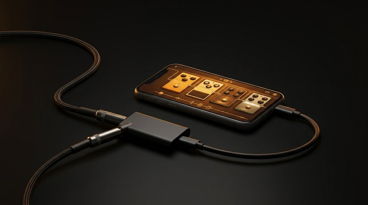 An electric guitar plugged through a USB-C audio interface into a phone running the GuitarOut effects app / กีตาร์เสียบผ่านออดิโออินเทอร์เฟซ USB-C เข้าโทรศัพท์ที่รันแอพ GuitarOut