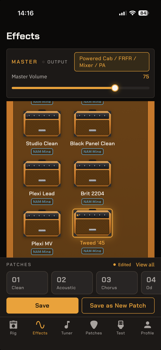 GuitarOut amp picker screen / หน้าจอเลือกหัวแอมป์ของ GuitarOut แสดงโมเดลแอมป์และ NAM