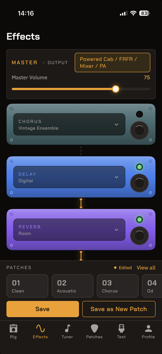 GuitarOut effects chain screen / หน้าจอเอฟเฟคเชนของ GuitarOut แสดงคอรัส ดีเลย์ และรีเวิร์บ